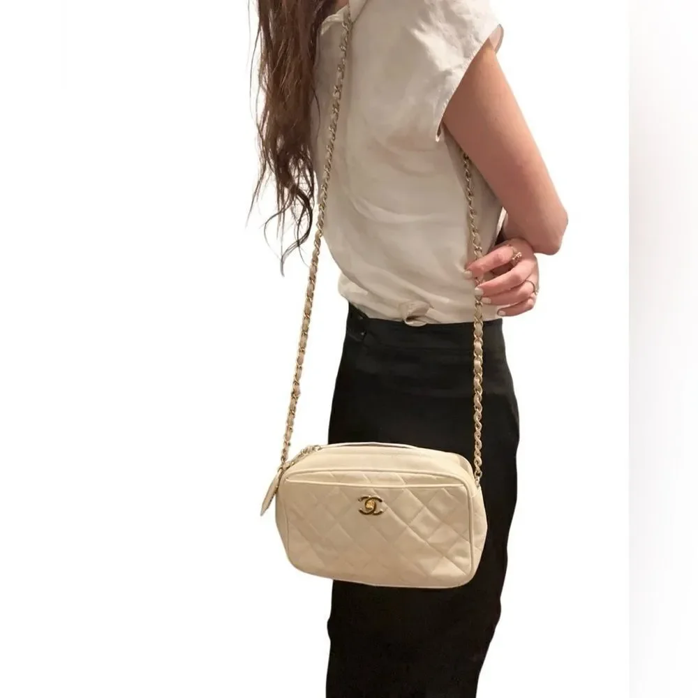 Chanel beige quilted gold tone leather crossbody bag